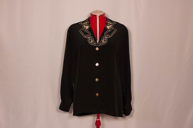 Vintage black women/'s blouse with gold embroidered collar