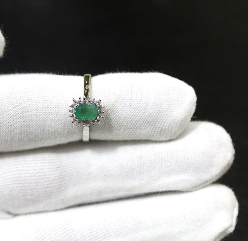 Gemstone Ring White CZ Ring 925 Sterling Silver Ring Natural Emerald Ring Handmade Jewelry 5*7 MM Rectangle Shape Emerald Ring