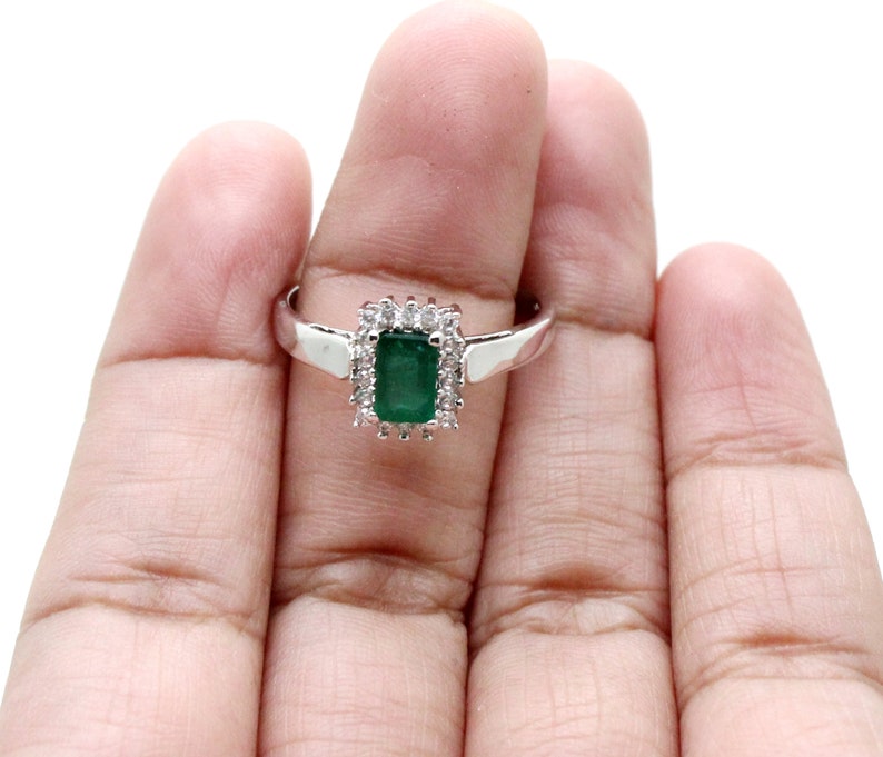 Gemstone Ring White CZ Ring 925 Sterling Silver Ring Natural Emerald Ring Handmade Jewelry 5*7 MM Rectangle Shape Emerald Ring