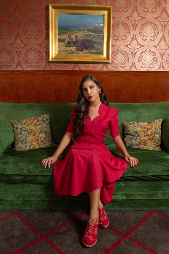Dress/red Tencel Dress/1940s Red Dress 