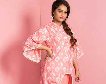 Bohemian Indian Women's Designer Pink Dhoti & Kurta With Tassels Party Wear Dress Batik Dress Muslin Cotton Pants Set Women's Wedding Dress