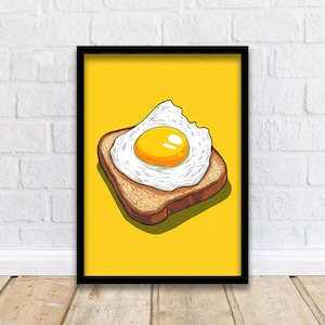 Fried Egg on Toast Poster Retro Pop Art Style Bold Yellow Wall Print for Kitchen Diner or Breakfast Nook Foodie Art Decor