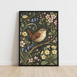 May include: A framed art print depicting a brown wren on a branch, set against a dark green backdrop. The floral pattern includes yellow, pink, and blue flowers and green leaves. The artwork is in a vintage botanical illustration style, suitable for home decor.