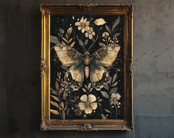 Vintage Moth Poster Dark Academia Art Gothic Decor Antique Illustration Rustic Aesthetic Nature Wall Art Enchanted Creature