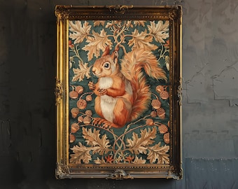 Red Squirrel in a Floral Pattern Poster William Morris Style Cottagecore Art Vintage Nature Illustration Rustic Decor