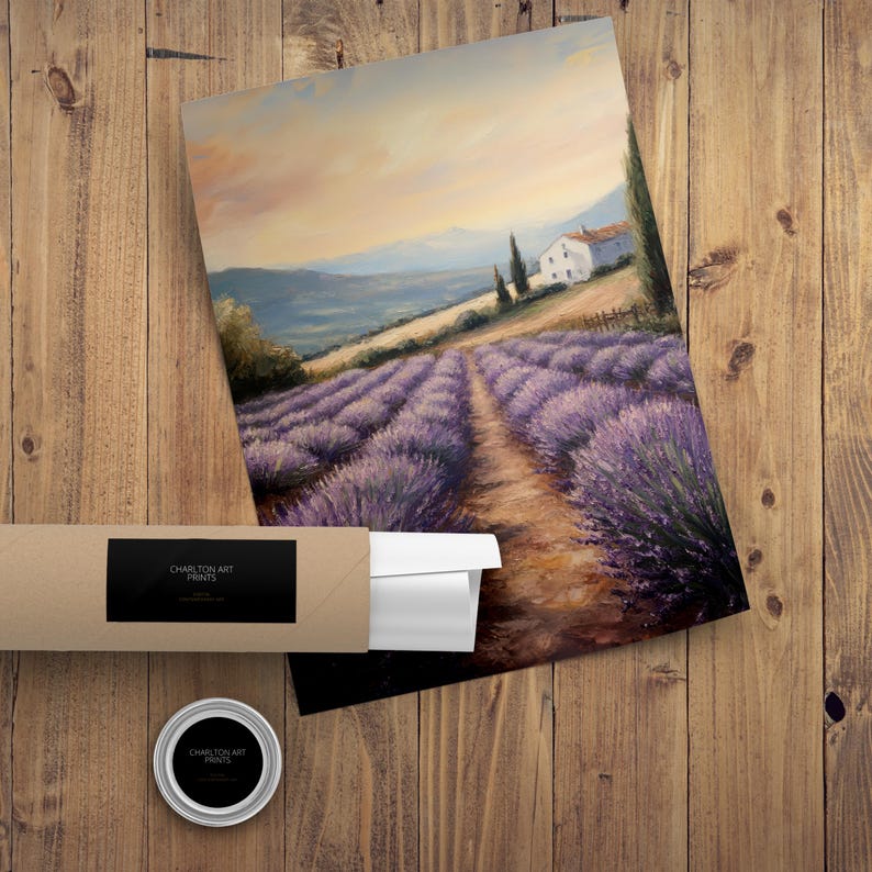 May include: A painting of a lavender field with a small white house in the distance. The field is in full bloom and the lavender is a vibrant purple. The sky is a soft blue with a few clouds. The painting is done in a realistic style.