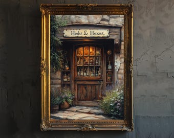 May include: A framed painting of a storefront with a sign that reads "Herbs & Hexes." The storefront has a wooden door with a glass window and is surrounded by greenery.