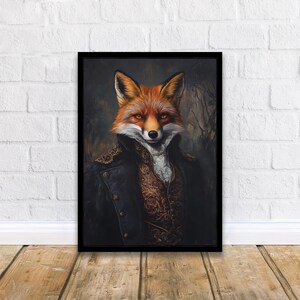 K&ouml;nnte beinhalten: Ein Gem&auml;lde eines Fuchses, der eine schwarze Jacke und eine goldfarbene Weste mit Muster tr&auml;gt. Der Fuchs hat einen ernsten Ausdruck und schaut direkt auf den Betrachter.