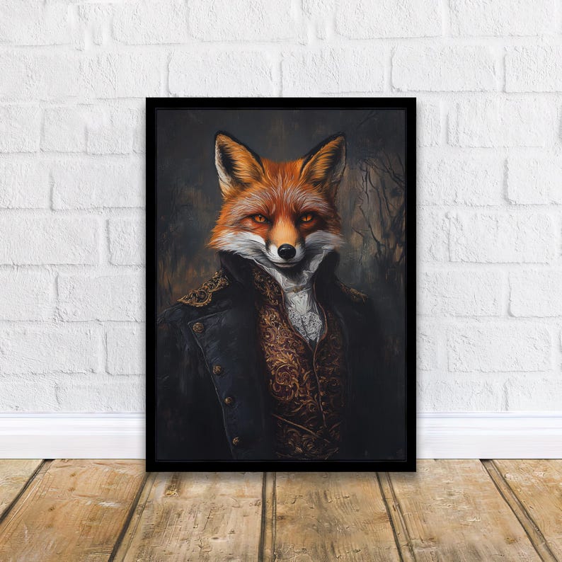 K&ouml;nnte beinhalten: Ein Gem&auml;lde eines Fuchses, der eine schwarze Jacke und eine goldfarbene Weste mit Muster tr&auml;gt. Der Fuchs hat einen ernsten Ausdruck und schaut direkt auf den Betrachter.