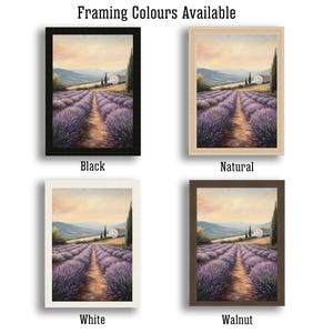 May include: Four different framing options for a print of a lavender field with a house in the distance. The framing options are black, natural, white, and walnut.