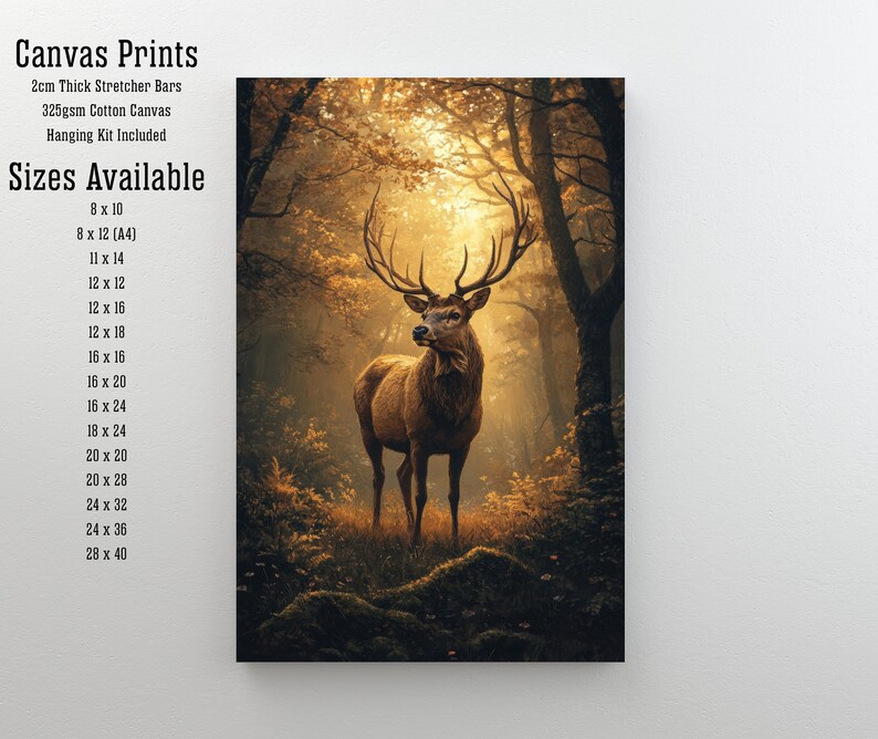 May include: A canvas print featuring a majestic red deer standing in a sun-dappled forest. The deer has large antlers and is looking directly at the viewer. The forest is filled with lush greenery and golden sunlight. The print is available in a variety of sizes, from 8x10 inches to 28x40 inches.
