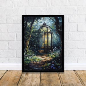 May include: A painting of a wrought iron and glass greenhouse in a lush forest setting. The greenhouse is surrounded by green foliage and flowers. Sunlight streams through the glass panels, illuminating the interior.