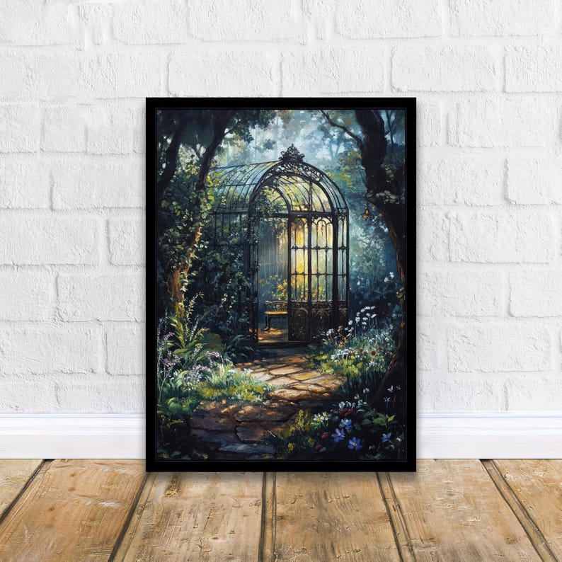 May include: A painting of a wrought iron and glass greenhouse in a lush forest setting. The greenhouse is surrounded by green foliage and flowers. Sunlight streams through the glass panels, illuminating the interior.