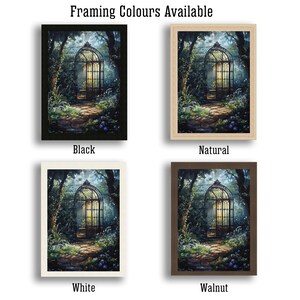 May include: Four different framing options for a print of a painting of a wrought iron gazebo in a forest setting. The framing options are black, natural, white, and walnut.