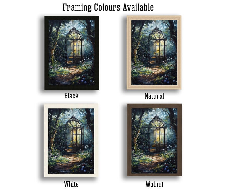 May include: Four different framing options for a print of a painting of a wrought iron gazebo in a forest setting. The framing options are black, natural, white, and walnut.