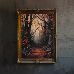 Forêt d'automne, affiche sombre, art universitaire, art cottagecore, décoration, paysage antique, affiche d'automne rustique, art mural vintage