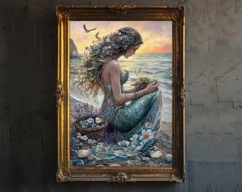 Impresión artística de estilo Cottagecore de sirena, arte de pared vintage con diseño de océano, póster costero místico para sala de estar, dormitorio o galería de pared, estilo náutico caprichoso