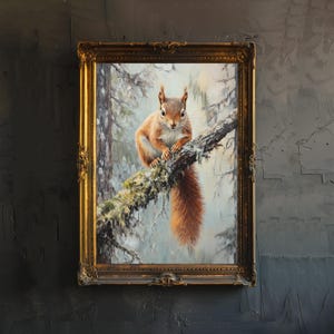 May include: A framed painting of a red squirrel perched on a mossy tree branch. The squirrel has a fluffy tail and is looking directly at the viewer. The painting is set in a forest with a gold ornate frame.