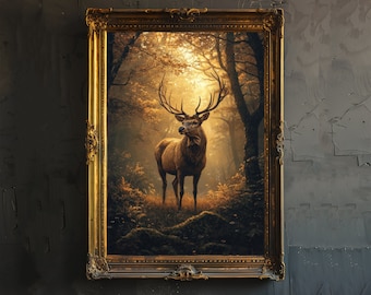 Stag in a Clearing Cottagecore Print Dark Academia Art Cottagecore Decor Antique Animal Illustration Woodland Stag Poster Rustic Vintage