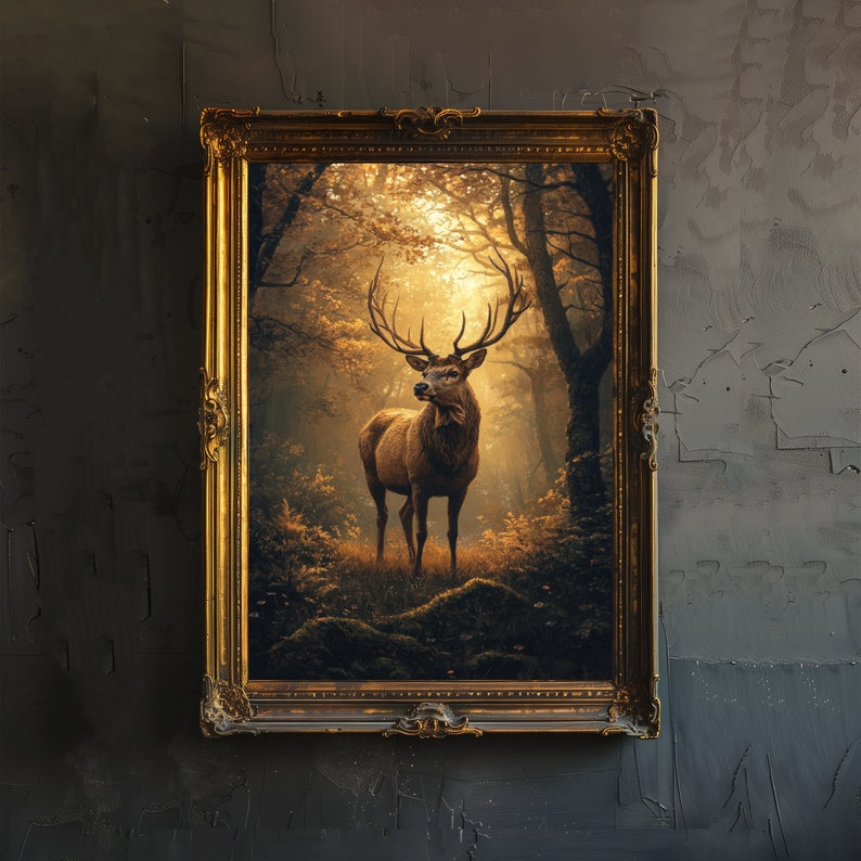 May include: A framed painting of a deer standing in a forest. The deer is brown with large antlers and is looking directly at the viewer. The forest is filled with trees and sunlight.