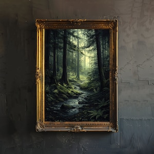 Impression de forêt d'automne sombre, art universitaire sombre, déco gothique, illustration de paysage antique, affiche de la nature enchantée, art mural vintage rustique