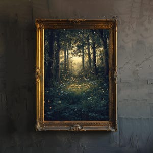 May include: A framed painting depicting a forest scene with a path leading into the distance. The artwork features tall trees, various plants, and glowing lights. The frame is ornate with a gold finish.