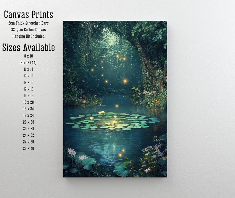 May include: Canvas print depicting a tranquil pond scene with lily pads and glowing lights. The artwork shows a verdant forest canopy over the water. The text on the left indicates the canvas print is available in various sizes, including 20.3 x 25.4 cm and 71.1 x 101.6 cm.