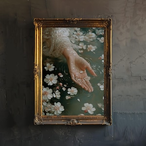 May include: A hand reaches out from a pool of water, surrounded by white blossoms. The water is clear and reflects the light. The hand is delicate and feminine, with long, slender fingers. The blossoms are scattered throughout the water, creating a beautiful and ethereal scene.