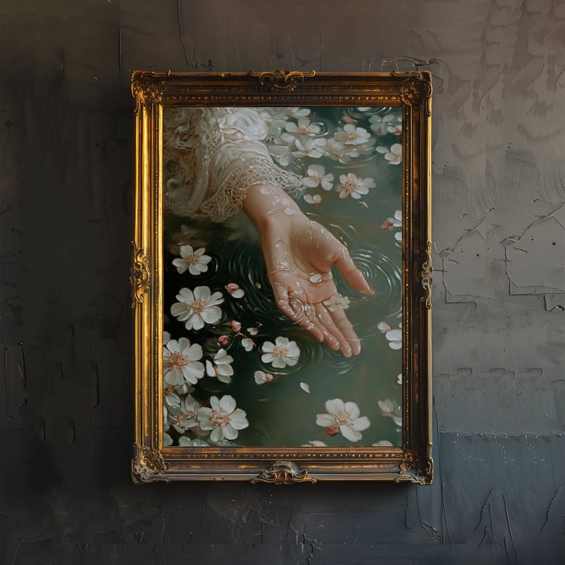 May include: A hand reaches out from a pool of water, surrounded by white blossoms. The water is clear and reflects the light. The hand is delicate and feminine, with long, slender fingers. The blossoms are scattered throughout the water, creating a beautiful and ethereal scene.