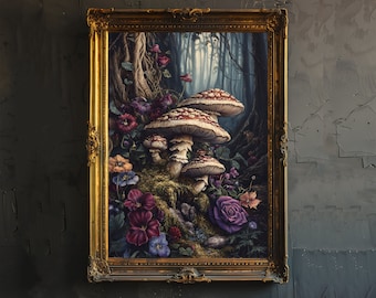 Mushrooms Cottagecore Print Dark Academia Art Cottagecore Decor Antique Botanical Illustration Woodland Fungi Poster Rustic Vintage Wall Art