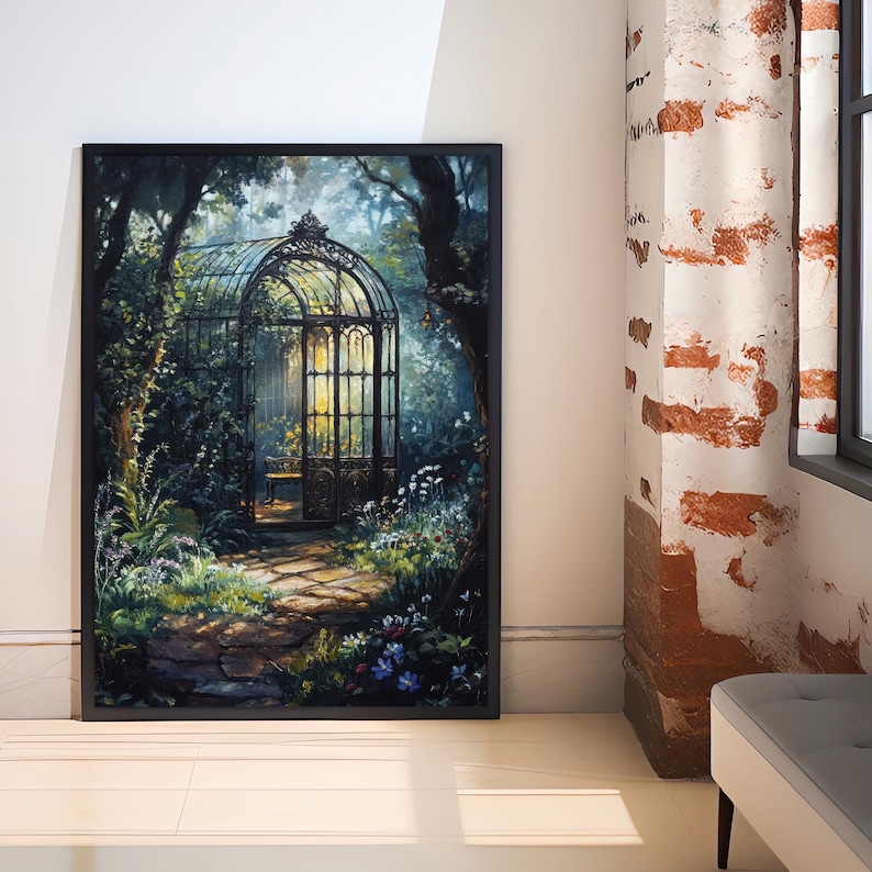 May include: A framed painting of a wrought iron greenhouse in a lush green forest setting. The greenhouse has a glass roof and walls, and the door is open. The path leading to the greenhouse is made of stone.