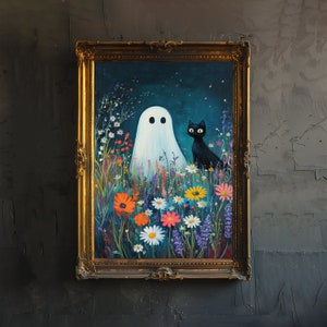 Geist und schwarze Katze Druck Dark Academia Art Spooky Dekor Gothic Wohnkultur Antike Geist Illustration Spuk Tier Poster Rustikal Vintage