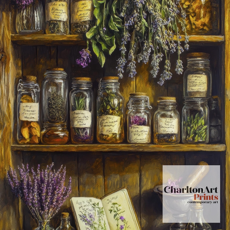 K&ouml;nnte beinhalten: Ein rustikales Holzregal zeigt Gl&auml;ser mit Kr&auml;utern und Gew&uuml;rzen, einige mit handgeschriebenen Etiketten. Lavendelzweige h&auml;ngen herab, und ein Notizbuch mit botanischen Illustrationen liegt darunter. Die Szene erinnert an eine alte Apotheke oder Kr&auml;uterkundler.