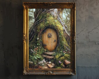 Può includere: Un'opera d'arte incorniciata raffigura una porta di legno stravagante incastonata in un tronco d'albero, circondata da una vegetazione lussureggiante e fiori. L'opera è incorniciata in una cornice dorata ornata, creando una scena fantastica. La porta è ovale con una piccola maniglia.