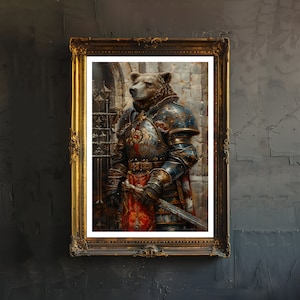 May include: A painting of a bear wearing armor and holding a sword. The bear is standing in front of a stone wall with a metal gate. The painting is framed in a gold frame.