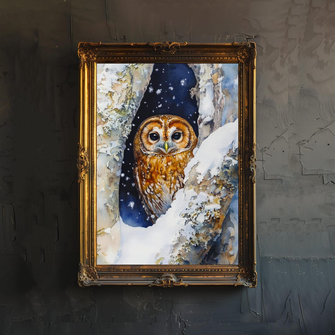 Snowy Owl in Tree Hollow Print Cozy Winter Wildlife Art Cottagecore ...