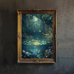 May include: A framed artwork showing a tranquil pond scene. The image features a pond with lily pads and glowing lights, surrounded by dense foliage. The frame is ornate with a gold finish, adding a touch of elegance to the artwork.