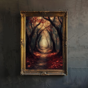 Foggy Wald Poster Cottagecore Dekor Dark Academia Kunst Antike Landschaft Illustration Rustikale Natur Wand Kunst Vintage Ästhetik