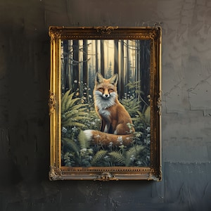 Impresión de zorro estilo cottagecore, arte de la academia oscura, decoración cottagecore, ilustración de animal antiguo, póster de zorro del bosque, arte de pared rústico vintage