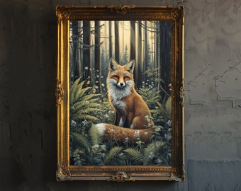 May include: A framed painting of a red fox sitting in a forest setting. The fox is looking directly at the viewer with a curious expression. The background is a lush green forest with tall trees and ferns.
