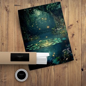 May include: A print depicting a tranquil pond scene with lily pads and glowing lights, set within a verdant forest. The print is partially rolled and stored in a brown tube. A small, silver container with a black label is also present. The text "CHARLTON ART PRINTS" is visible.