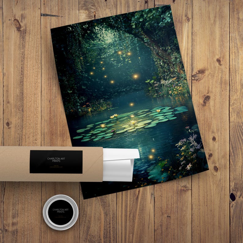 May include: A print depicting a tranquil pond scene with lily pads and glowing lights, set within a verdant forest. The print is partially rolled and stored in a brown tube. A small, silver container with a black label is also present. The text "CHARLTON ART PRINTS" is visible.