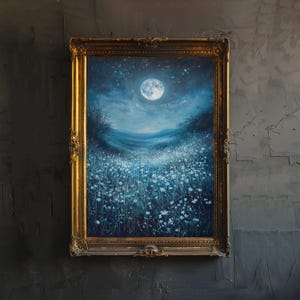 Moonlit Meadow Art Print Mystical Night Sky Wall Art Vintage Nature Poster for Living Room Bedroom or Gallery Wall Ethereal Landscape Décor