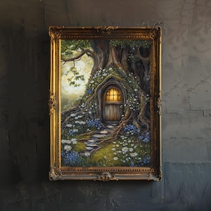 Tiny Fairy House Art Print Cottagecore Decor Whimsical Woodland Wall Art Vintage Nature Poster for Cozy Homes and Garden Inspired Spaces
