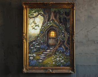 May include: A framed painting of a tree with a door built into its trunk. The door is surrounded by roots, flowers, and a stone path. The artwork is set in a gold ornate frame, creating a fairytale scene.
