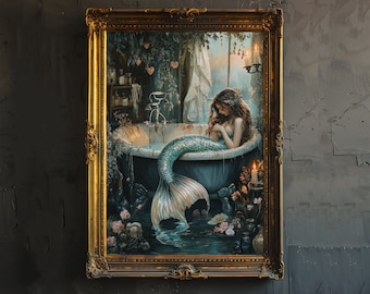 Mermaid in Bathtub Print Dark Academia Art Whimsical Decor Gothic Home Decor Antique Illustration Fantasy Poster Rustic Vintage Wall Art