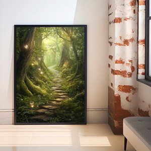 May include: A winding stone path leads through a lush green forest, illuminated by glowing lights. The path is surrounded by tall trees and vibrant foliage, creating a magical and enchanting atmosphere.