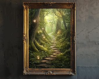 Fairy Forest Path Poster Cottagecore Decor Dark Academia Art Enchanted Landscape Illustration Vintage Nature Wall Art Rustic Aesthetic