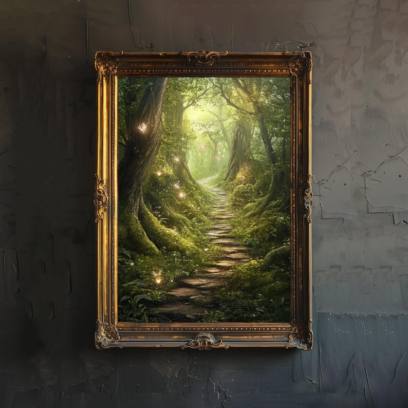 May include: A framed painting of a magical forest path with glowing lights and a stone pathway leading into the woods.