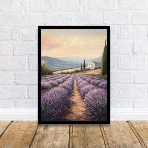May include: A painting of a lavender field with a small white house in the distance. The field is in full bloom and the lavender is a vibrant purple. The sky is a soft blue with a few clouds. The painting is done in a realistic style.